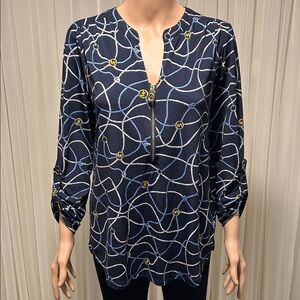MICHAEL Michael Kors Navy and White Blouse with Gold Accents